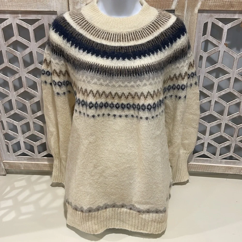 J Crew Fair Isle Yoke Puff Sleeve Sweater Women's M Cream Wool Alpaca Casual ✨